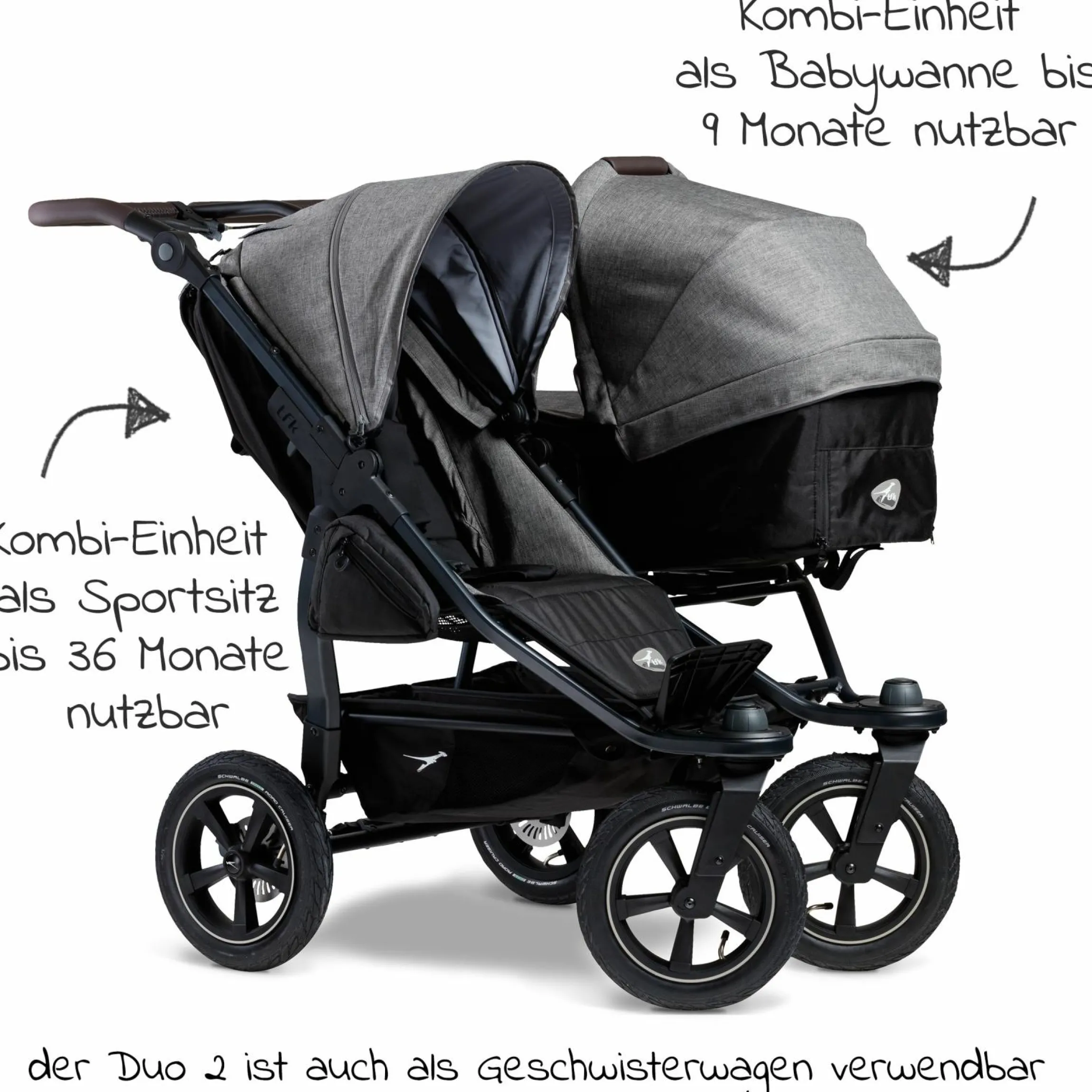 Geschwister- & Zwillingskinderwagen Duo 2 mit Luftreifen - 2x Kombi-Einheit (Wanne+Sitz) mit Liegeposition & XXL Zamboo Zubehör - Premium Grau - Kollektion 2025