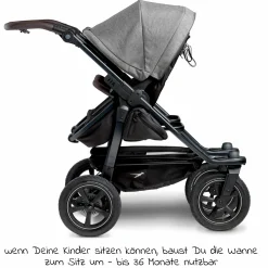 Geschwister- & Zwillingskinderwagen Duo 2 mit Luftreifen - 2x Kombi-Einheit (Wanne+Sitz) mit Liegeposition & XXL Zamboo Zubehör - Premium Grau - Kollektion 2025