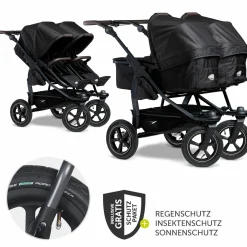 Geschwister- & Zwillingskinderwagen Duo 2 mit Luftreifen - 2x Kombi-Einheit (Wanne+Sitz) mit Liegeposition & XXL Zamboo Zubehör - Schwarz - Kollektion 2025