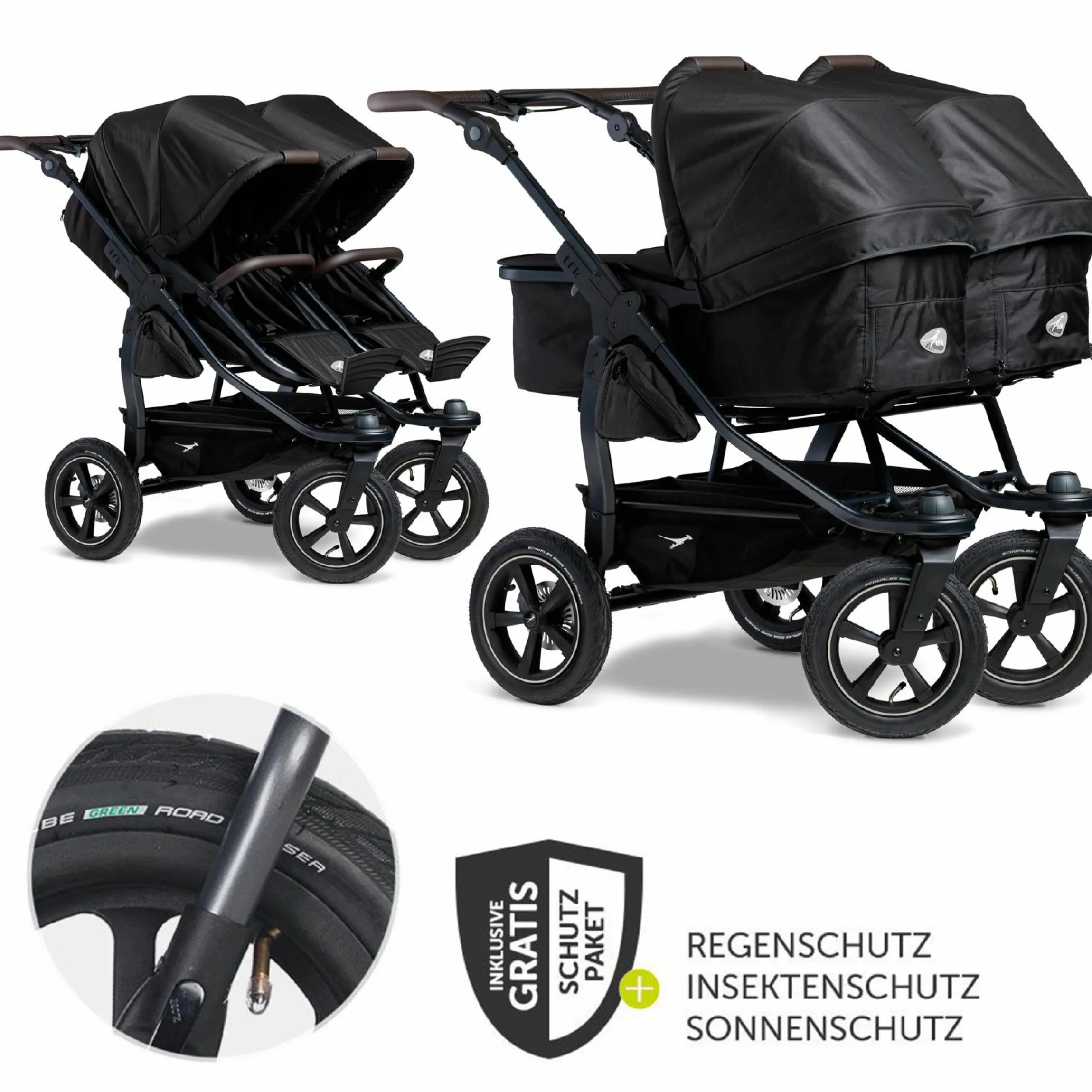 Geschwister- & Zwillingskinderwagen Duo 2 mit Luftreifen - 2x Kombi-Einheit (Wanne+Sitz) mit Liegeposition & XXL Zamboo Zubehör - Schwarz - Kollektion 2025