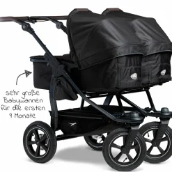 Geschwister- & Zwillingskinderwagen Duo 2 mit Luftreifen - 2x Kombi-Einheit (Wanne+Sitz) mit Liegeposition & XXL Zamboo Zubehör - Schwarz - Kollektion 2025