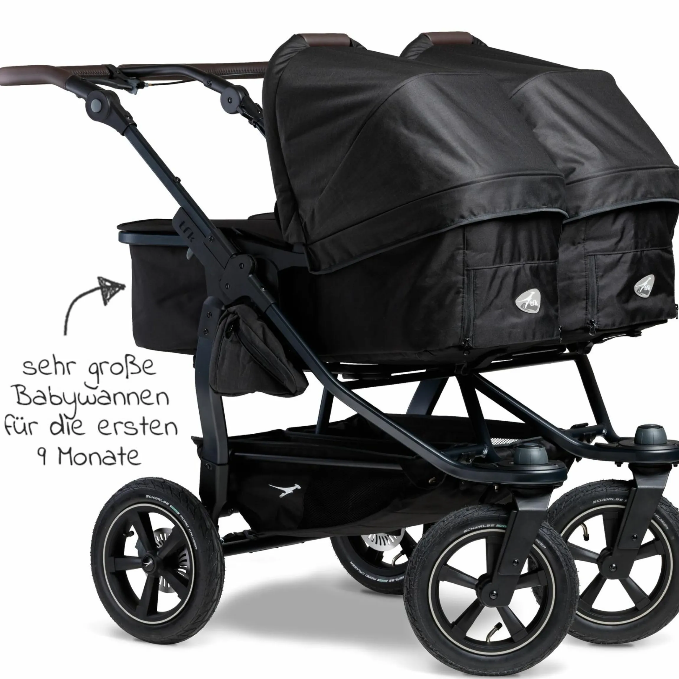 Geschwister- & Zwillingskinderwagen Duo 2 mit Luftreifen - 2x Kombi-Einheit (Wanne+Sitz) mit Liegeposition & XXL Zamboo Zubehör - Schwarz - Kollektion 2025
