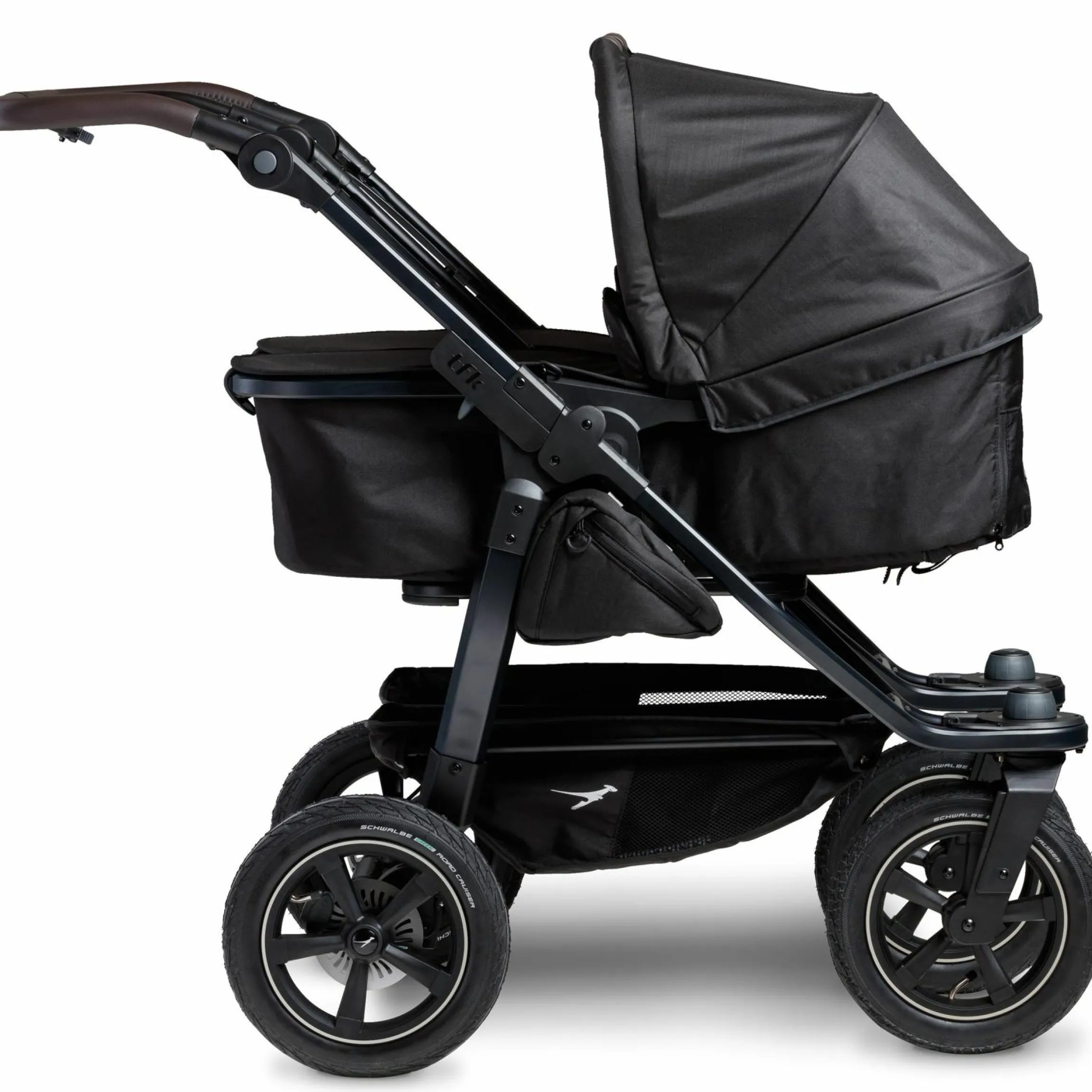 Geschwister- & Zwillingskinderwagen Duo 2 mit Luftreifen - 2x Kombi-Einheit (Wanne+Sitz) mit Liegeposition & XXL Zamboo Zubehör - Schwarz - Kollektion 2025