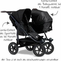 Geschwister- & Zwillingskinderwagen Duo 2 mit Luftreifen - 2x Kombi-Einheit (Wanne+Sitz) mit Liegeposition & XXL Zamboo Zubehör - Schwarz - Kollektion 2025