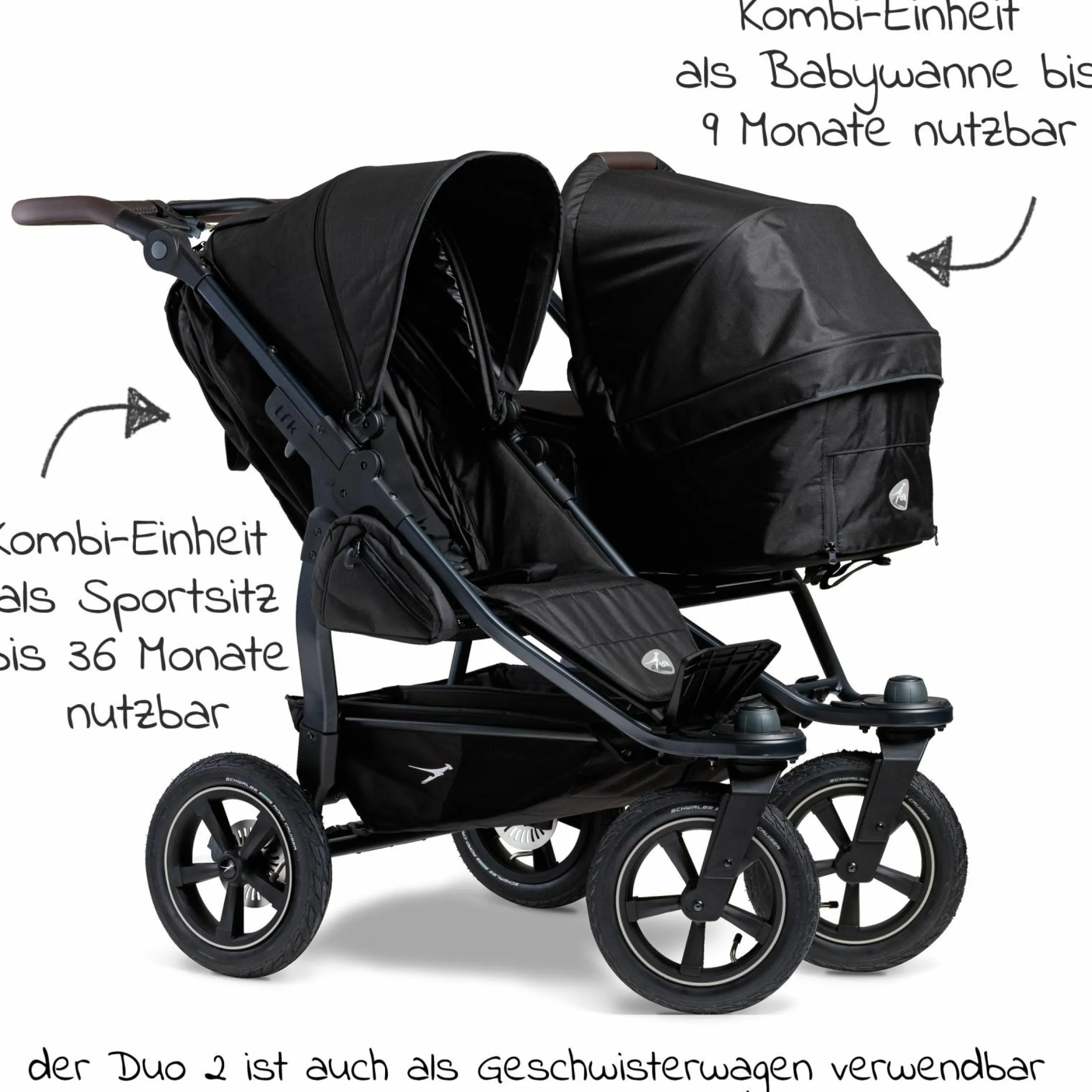 Geschwister- & Zwillingskinderwagen Duo 2 mit Luftreifen - 2x Kombi-Einheit (Wanne+Sitz) mit Liegeposition & XXL Zamboo Zubehör - Schwarz - Kollektion 2025