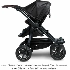 Geschwister- & Zwillingskinderwagen Duo 2 mit Luftreifen - 2x Kombi-Einheit (Wanne+Sitz) mit Liegeposition & XXL Zamboo Zubehör - Schwarz - Kollektion 2025