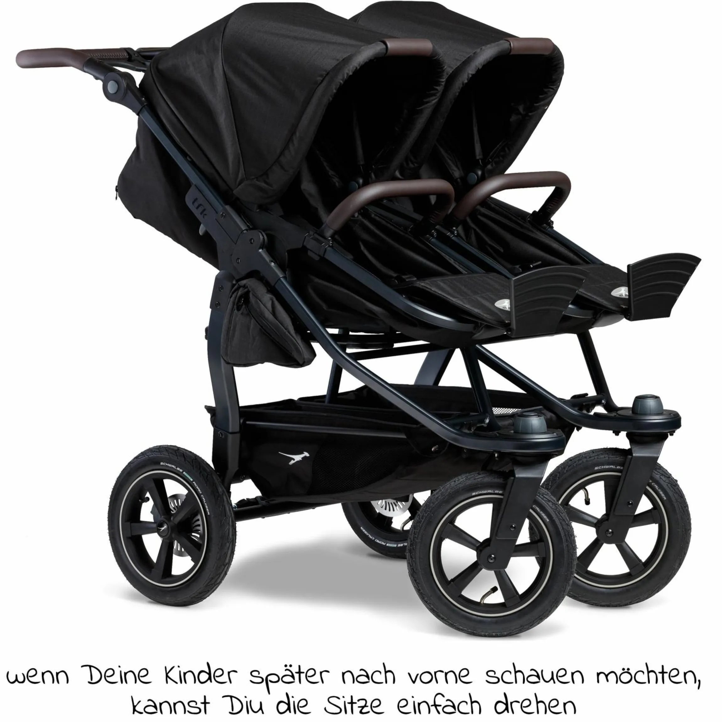 Geschwister- & Zwillingskinderwagen Duo 2 mit Luftreifen - 2x Kombi-Einheit (Wanne+Sitz) mit Liegeposition & XXL Zamboo Zubehör - Schwarz - Kollektion 2025