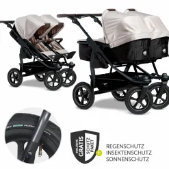 Geschwister- & Zwillingskinderwagen Duo 2 mit Luftreifen - 2x Kombi-Einheit (Wanne+Sitz) mit Liegeposition & XXL Zamboo Zubehör - Sand - Kollektion 2025