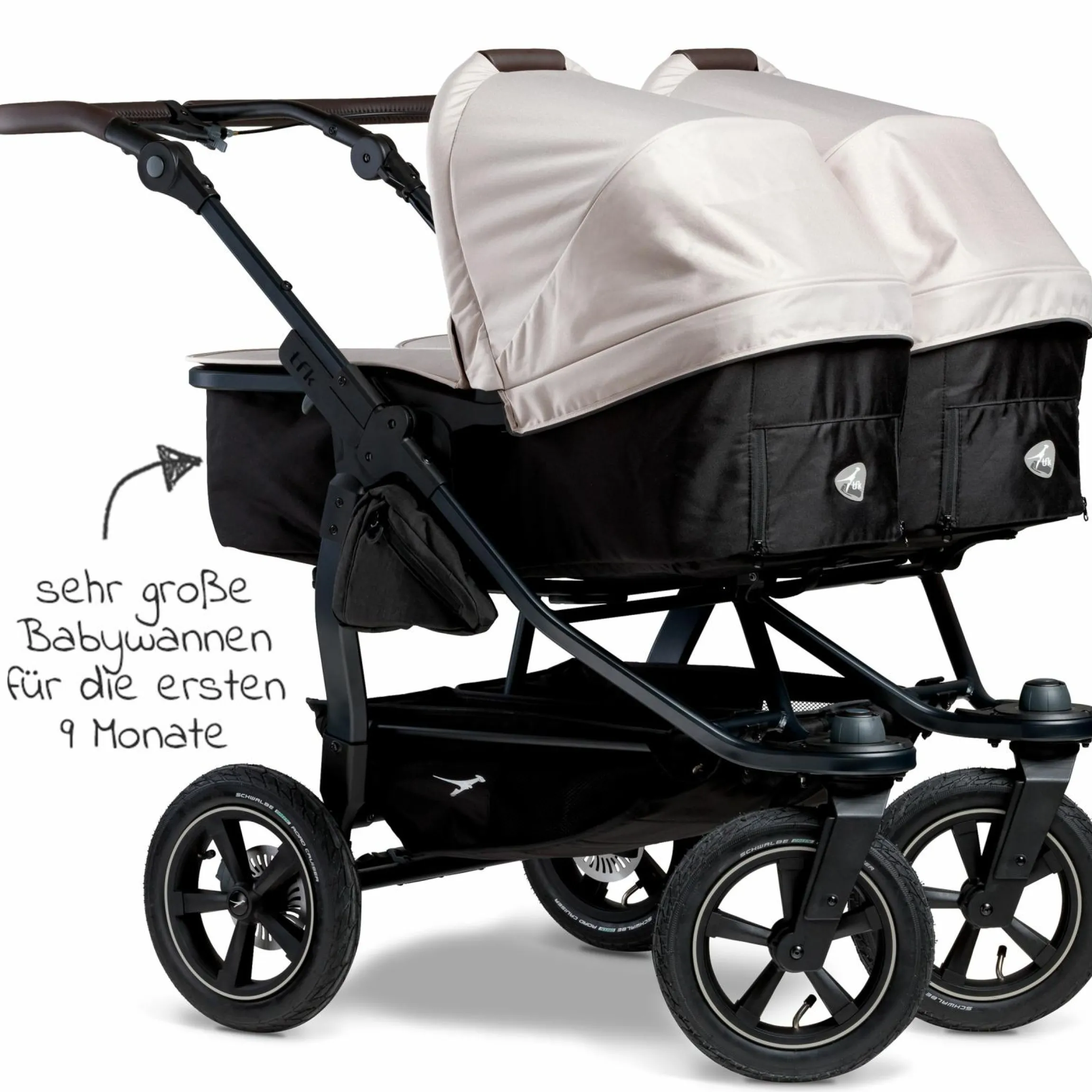 Geschwister- & Zwillingskinderwagen Duo 2 mit Luftreifen - 2x Kombi-Einheit (Wanne+Sitz) mit Liegeposition & XXL Zamboo Zubehör - Sand - Kollektion 2025