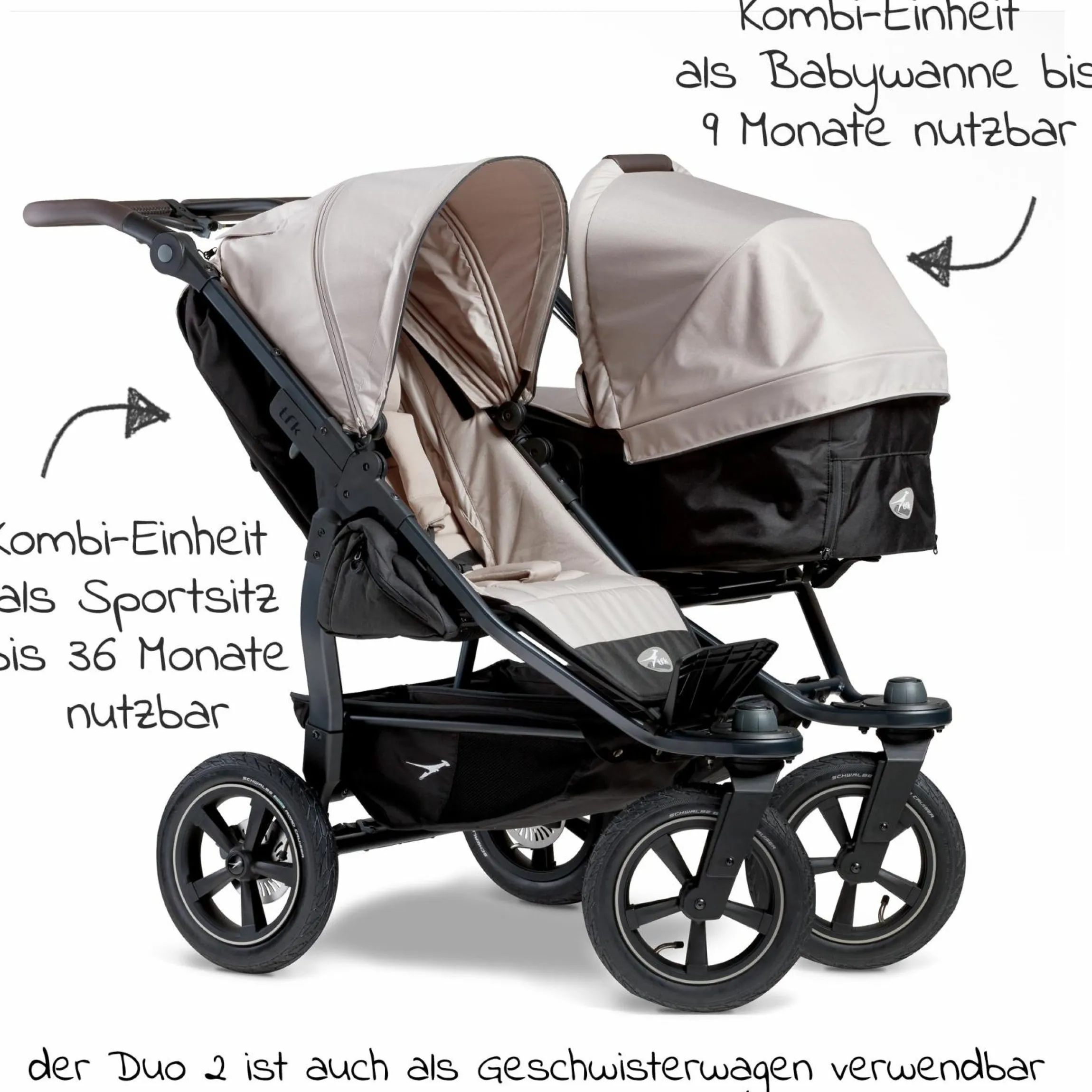 Geschwister- & Zwillingskinderwagen Duo 2 mit Luftreifen - 2x Kombi-Einheit (Wanne+Sitz) mit Liegeposition & XXL Zamboo Zubehör - Sand - Kollektion 2025