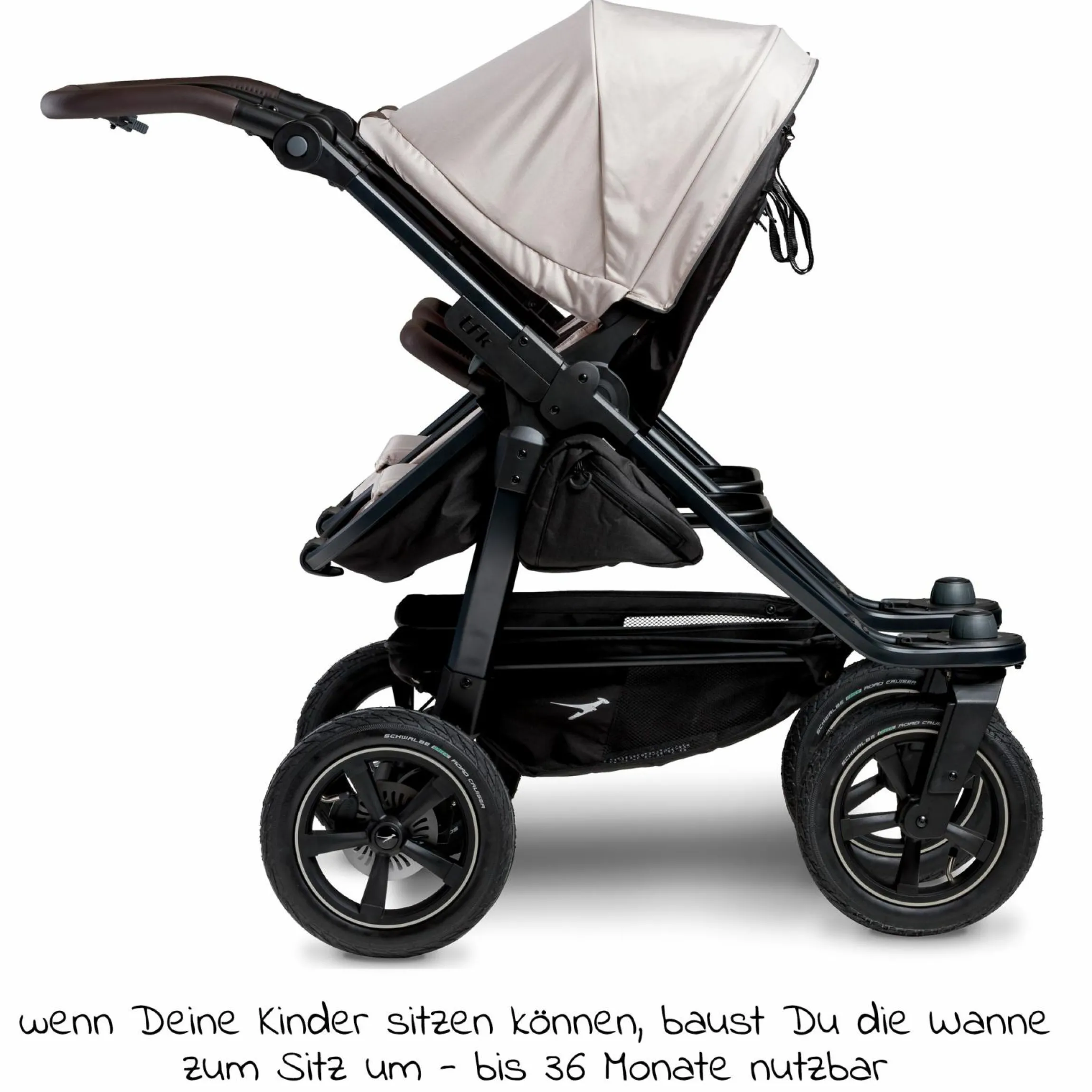Geschwister- & Zwillingskinderwagen Duo 2 mit Luftreifen - 2x Kombi-Einheit (Wanne+Sitz) mit Liegeposition & XXL Zamboo Zubehör - Sand - Kollektion 2025