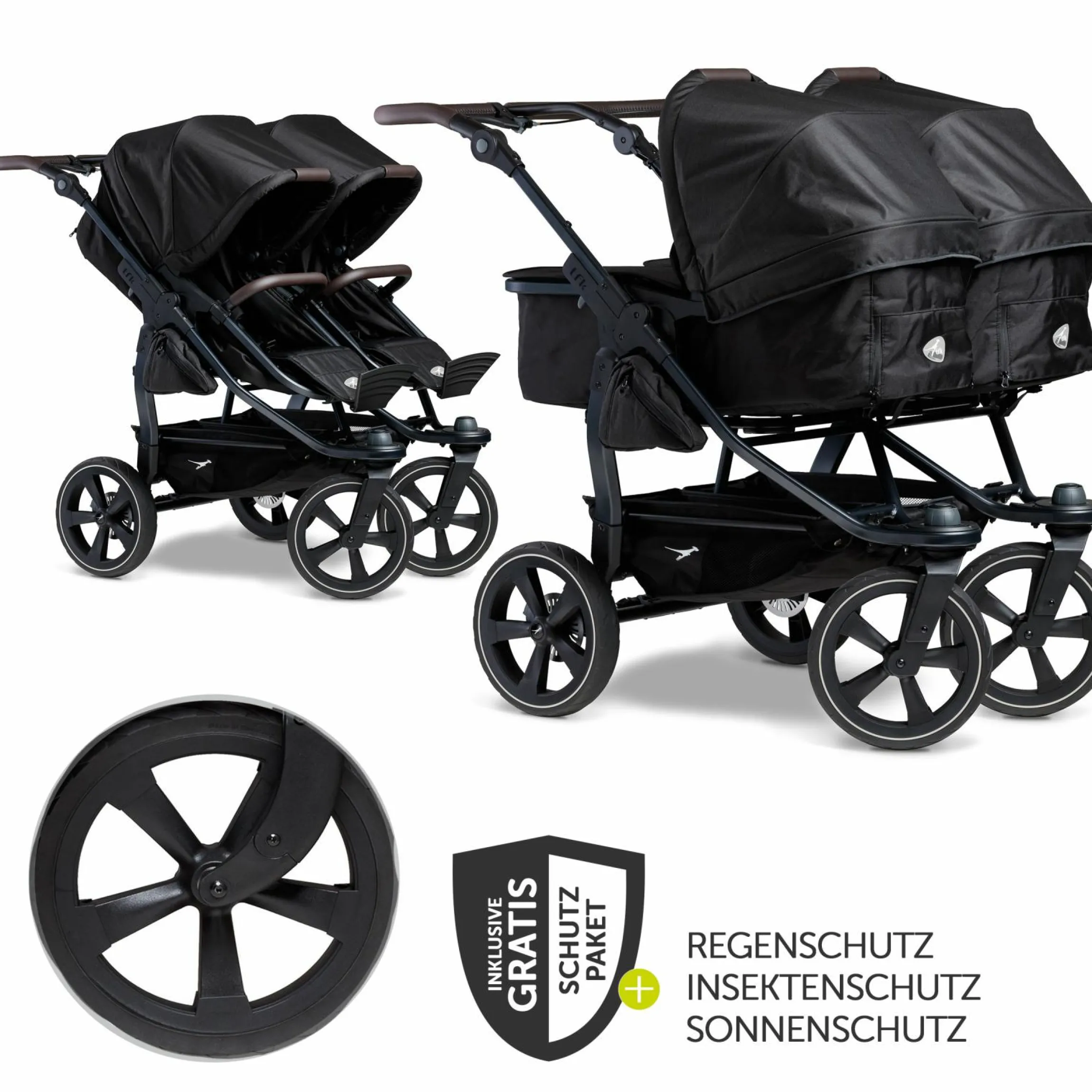 Geschwister- & Zwillingskinderwagen Duo 2 mit Luftkammerreifen - 2x Kombi-Einheit (Wanne+Sitz) mit Liegeposition & XXL Zamboo Zubehör - Schwarz - Kollektion 2025