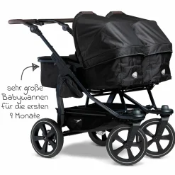 Geschwister- & Zwillingskinderwagen Duo 2 mit Luftkammerreifen - 2x Kombi-Einheit (Wanne+Sitz) mit Liegeposition & XXL Zamboo Zubehör - Schwarz - Kollektion 2025
