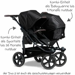 Geschwister- & Zwillingskinderwagen Duo 2 mit Luftkammerreifen - 2x Kombi-Einheit (Wanne+Sitz) mit Liegeposition & XXL Zamboo Zubehör - Schwarz - Kollektion 2025