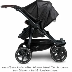 Geschwister- & Zwillingskinderwagen Duo 2 mit Luftkammerreifen - 2x Kombi-Einheit (Wanne+Sitz) mit Liegeposition & XXL Zamboo Zubehör - Schwarz - Kollektion 2025