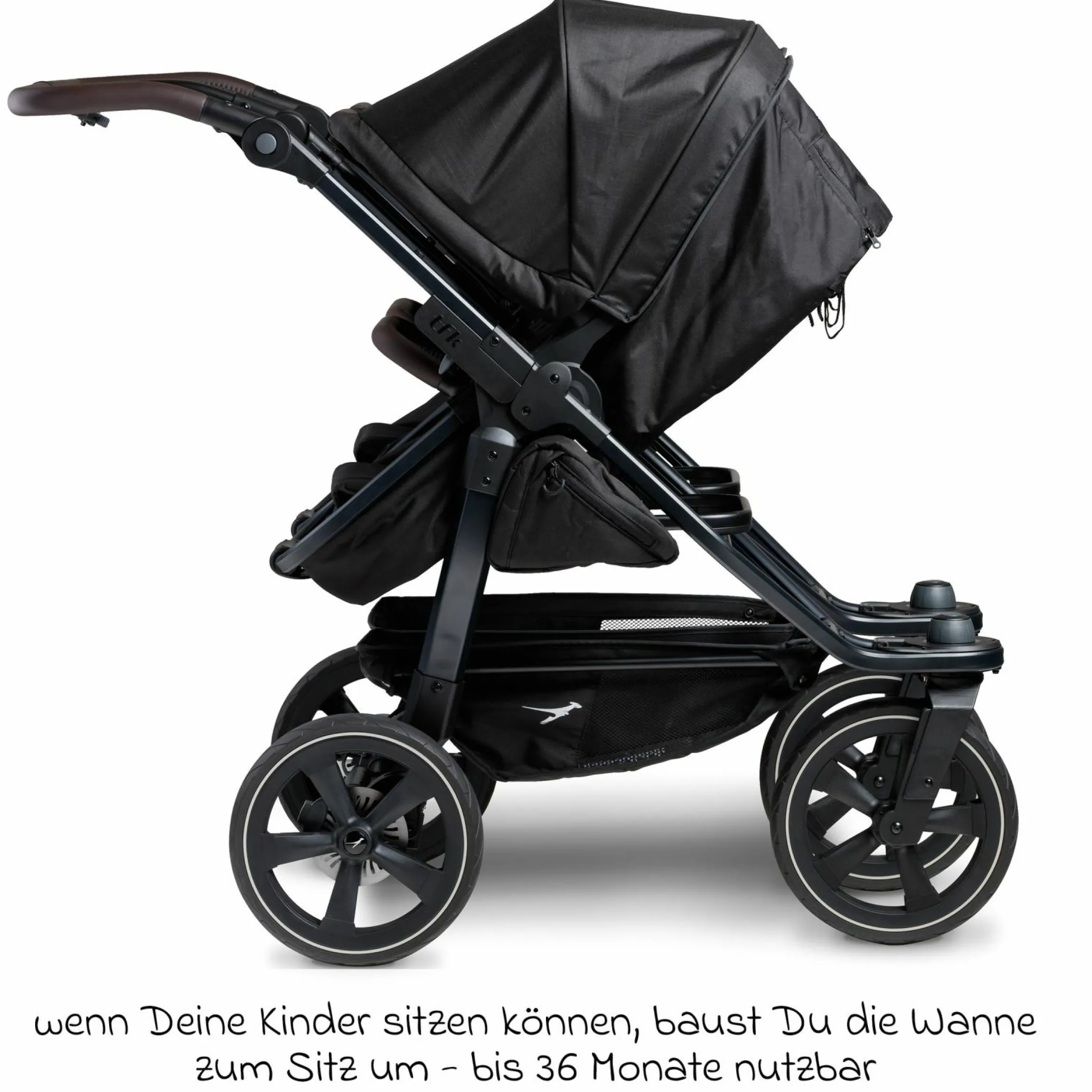 Geschwister- & Zwillingskinderwagen Duo 2 mit Luftkammerreifen - 2x Kombi-Einheit (Wanne+Sitz) mit Liegeposition & XXL Zamboo Zubehör - Schwarz - Kollektion 2025