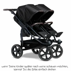 Geschwister- & Zwillingskinderwagen Duo 2 mit Luftkammerreifen - 2x Kombi-Einheit (Wanne+Sitz) mit Liegeposition & XXL Zamboo Zubehör - Schwarz - Kollektion 2025