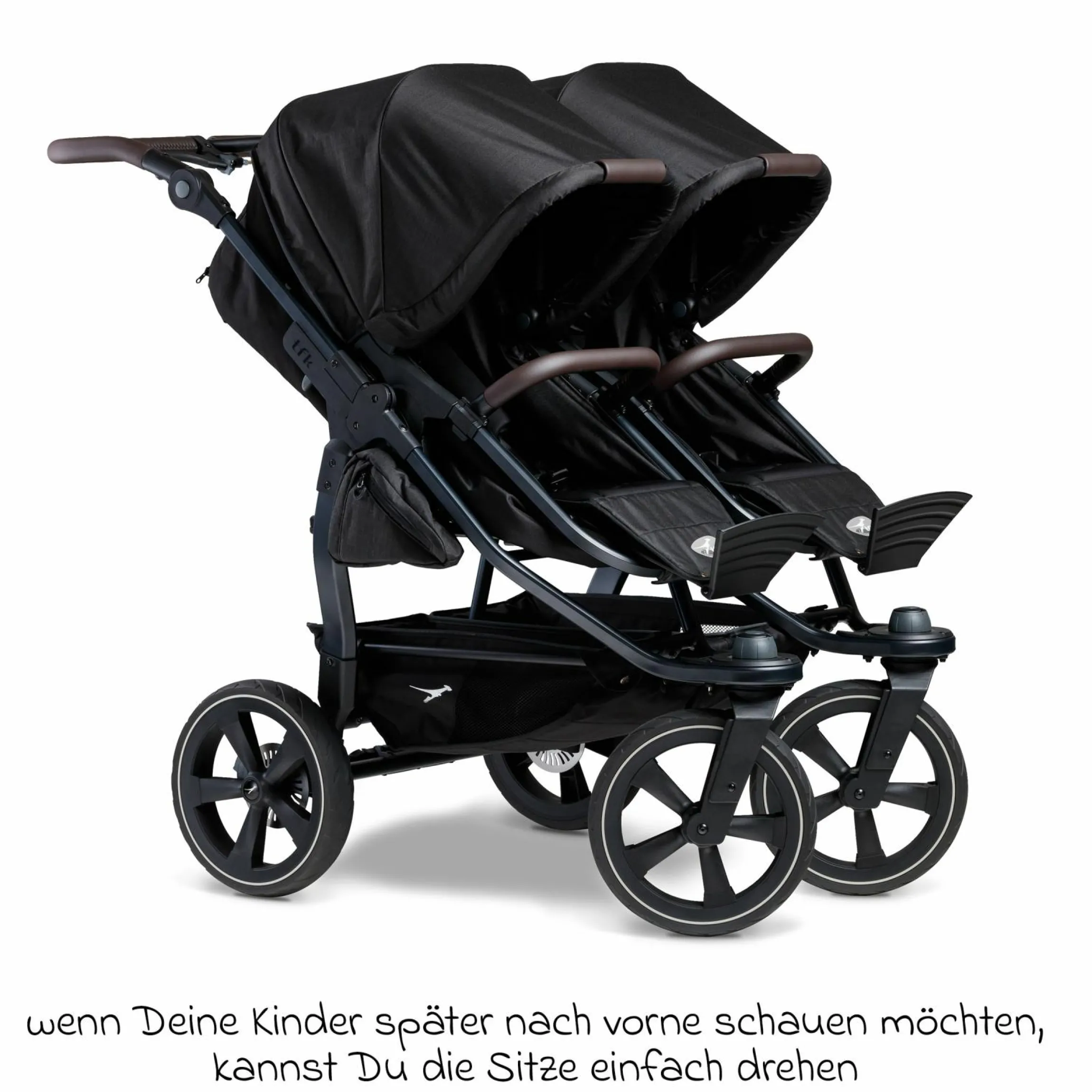 Geschwister- & Zwillingskinderwagen Duo 2 mit Luftkammerreifen - 2x Kombi-Einheit (Wanne+Sitz) mit Liegeposition & XXL Zamboo Zubehör - Schwarz - Kollektion 2025