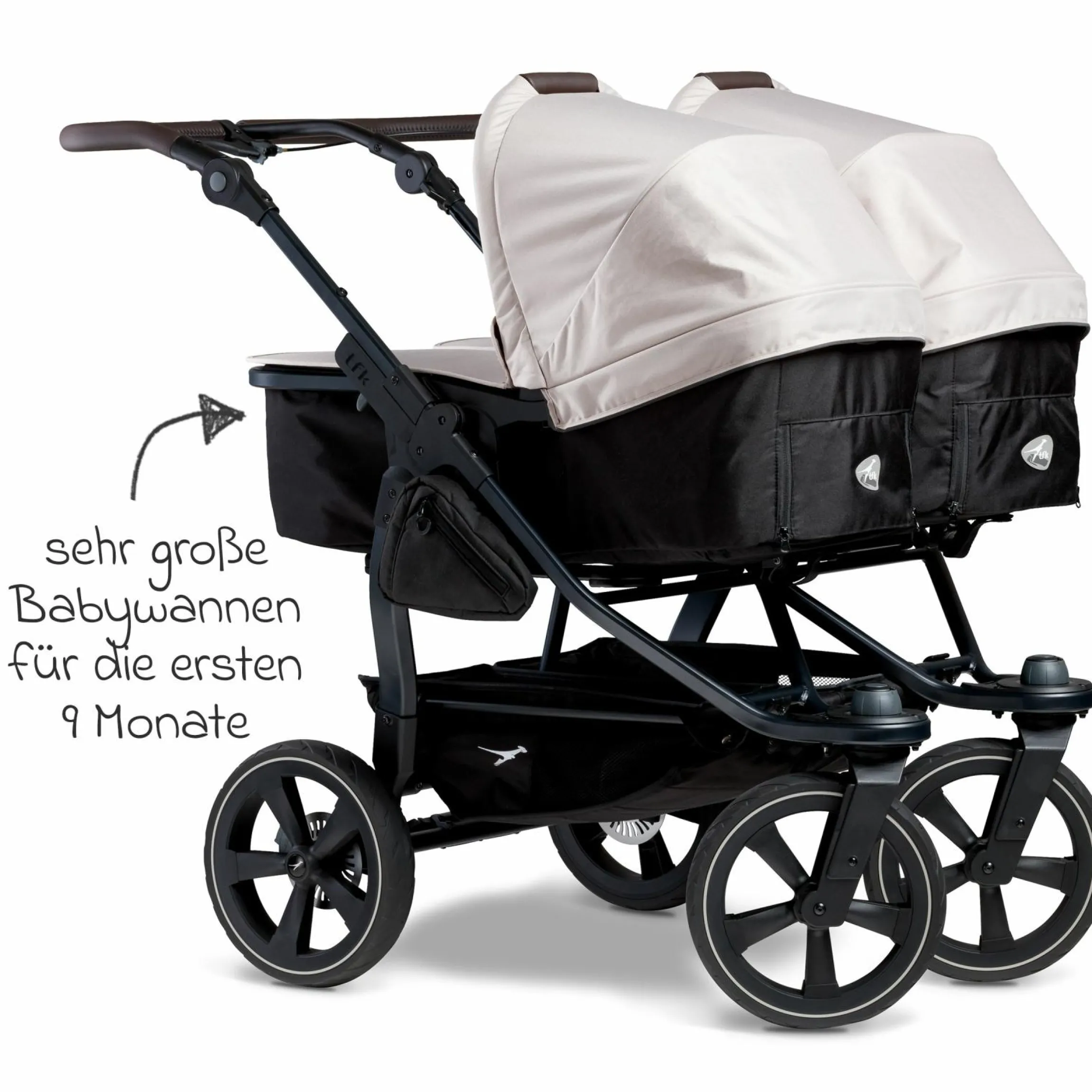 Geschwister- & Zwillingskinderwagen Duo 2 mit Luftkammerreifen - 2x Kombi-Einheit (Wanne+Sitz) mit Liegeposition & XXL Zamboo Zubehör - Sand - Kollektion 2025
