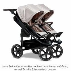 Geschwister- & Zwillingskinderwagen Duo 2 mit Luftkammerreifen - 2x Kombi-Einheit (Wanne+Sitz) mit Liegeposition & XXL Zamboo Zubehör - Sand - Kollektion 2025