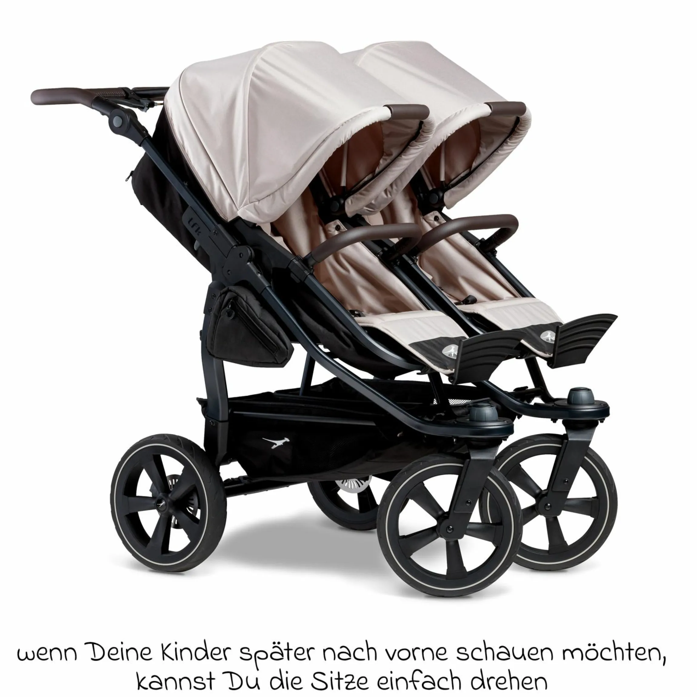 Geschwister- & Zwillingskinderwagen Duo 2 mit Luftkammerreifen - 2x Kombi-Einheit (Wanne+Sitz) mit Liegeposition & XXL Zamboo Zubehör - Sand - Kollektion 2025