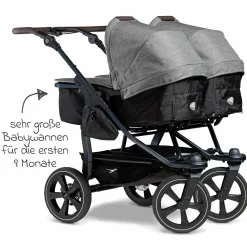 Geschwister- & Zwillingskinderwagen Duo 2 mit Luftkammerreifen - 2x Kombi-Einheit (Wanne+Sitz) mit Liegeposition & XXL Zamboo Zubehör - Premium Grau - Kollektion 2025