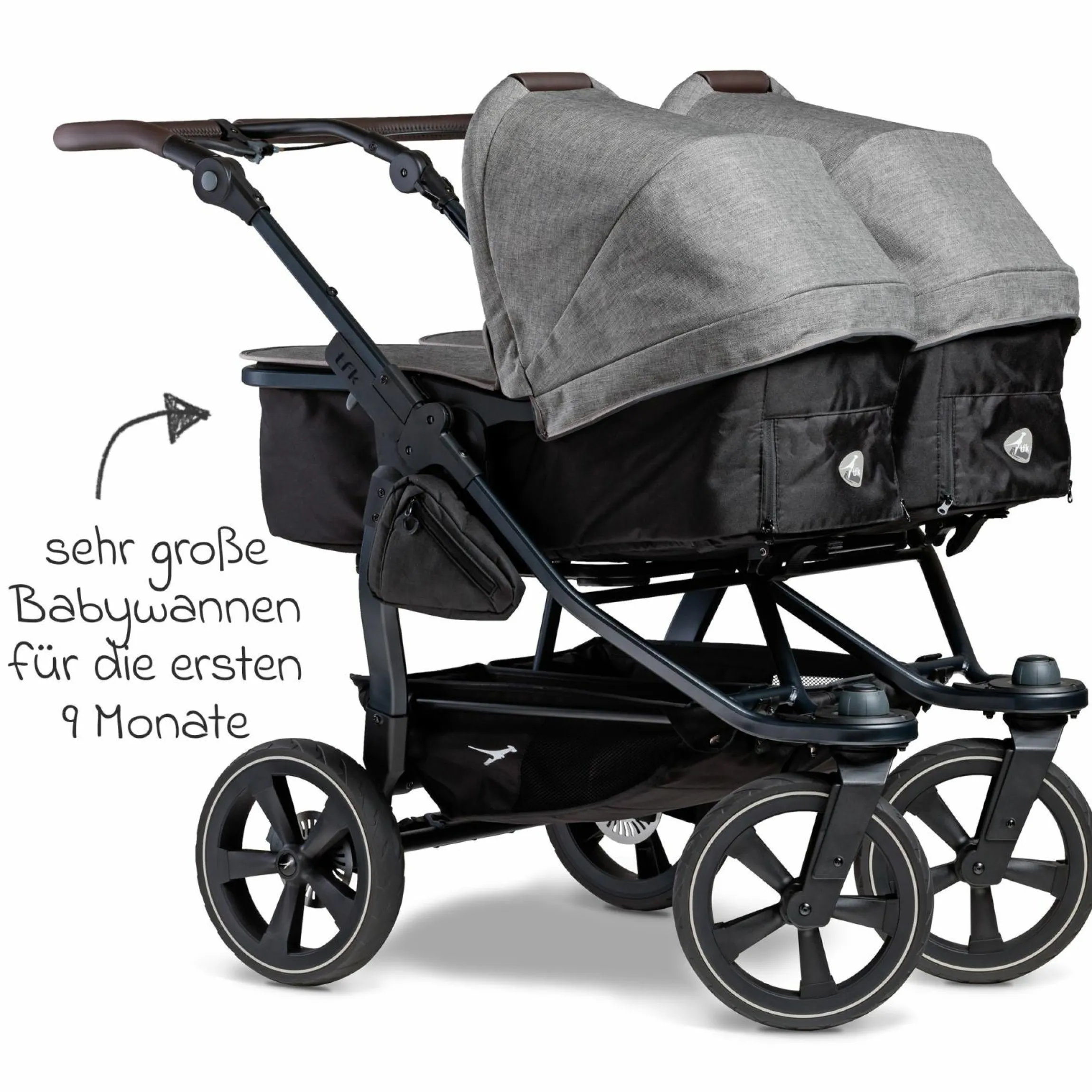 Geschwister- & Zwillingskinderwagen Duo 2 mit Luftkammerreifen - 2x Kombi-Einheit (Wanne+Sitz) mit Liegeposition & XXL Zamboo Zubehör - Premium Grau - Kollektion 2025