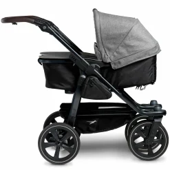Geschwister- & Zwillingskinderwagen Duo 2 mit Luftkammerreifen - 2x Kombi-Einheit (Wanne+Sitz) mit Liegeposition & XXL Zamboo Zubehör - Premium Grau - Kollektion 2025