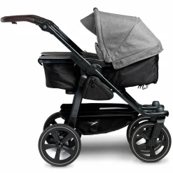 Geschwister- & Zwillingskinderwagen Duo 2 mit Luftkammerreifen - 2x Kombi-Einheit (Wanne+Sitz) mit Liegeposition & XXL Zamboo Zubehör - Premium Grau - Kollektion 2025