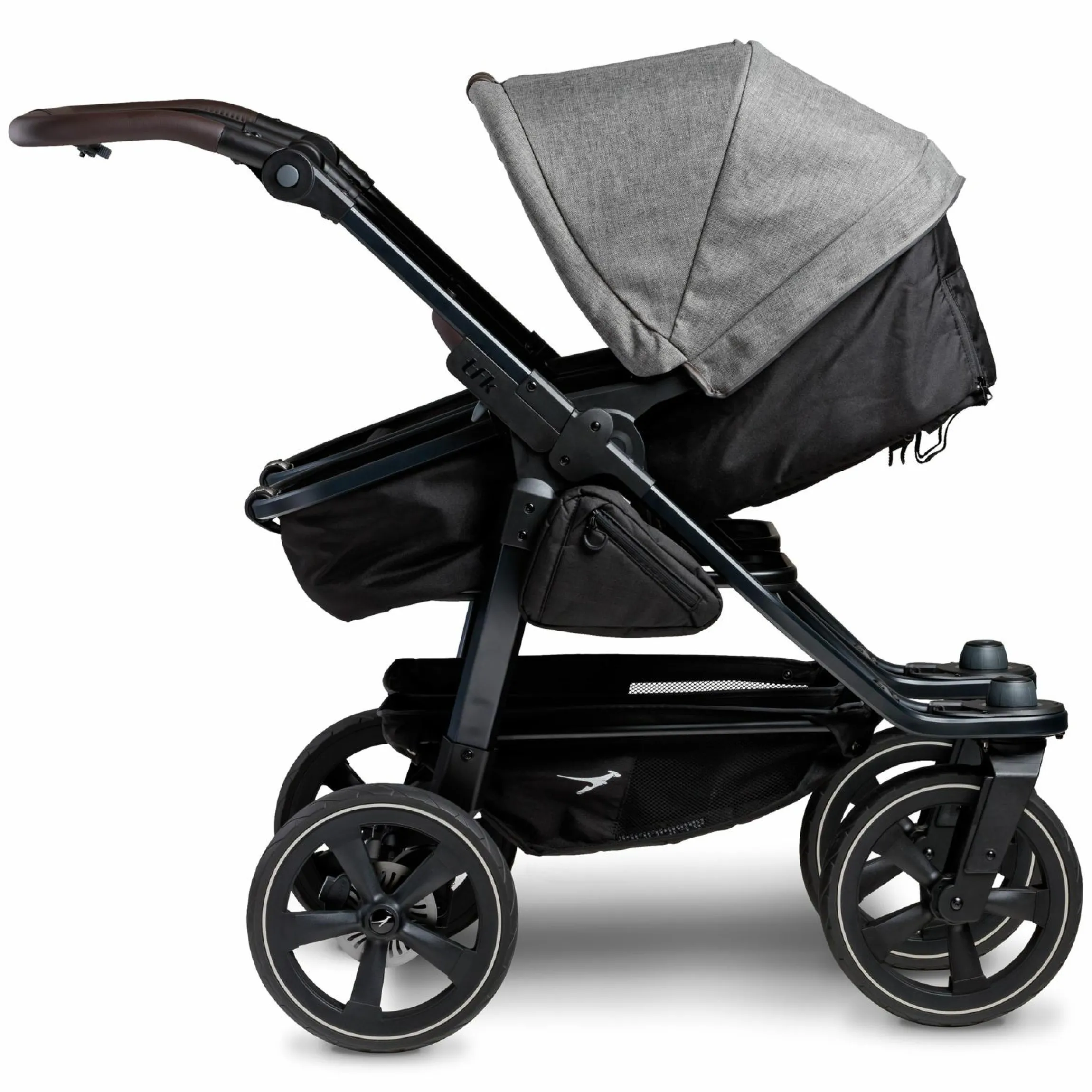 Geschwister- & Zwillingskinderwagen Duo 2 mit Luftkammerreifen - 2x Kombi-Einheit (Wanne+Sitz) mit Liegeposition & XXL Zamboo Zubehör - Premium Grau - Kollektion 2025