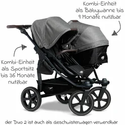 Geschwister- & Zwillingskinderwagen Duo 2 mit Luftkammerreifen - 2x Kombi-Einheit (Wanne+Sitz) mit Liegeposition & XXL Zamboo Zubehör - Premium Grau - Kollektion 2025