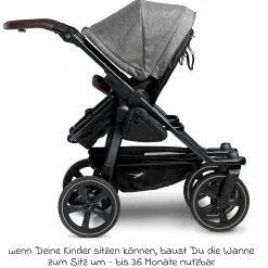 Geschwister- & Zwillingskinderwagen Duo 2 mit Luftkammerreifen - 2x Kombi-Einheit (Wanne+Sitz) mit Liegeposition & XXL Zamboo Zubehör - Premium Grau - Kollektion 2025