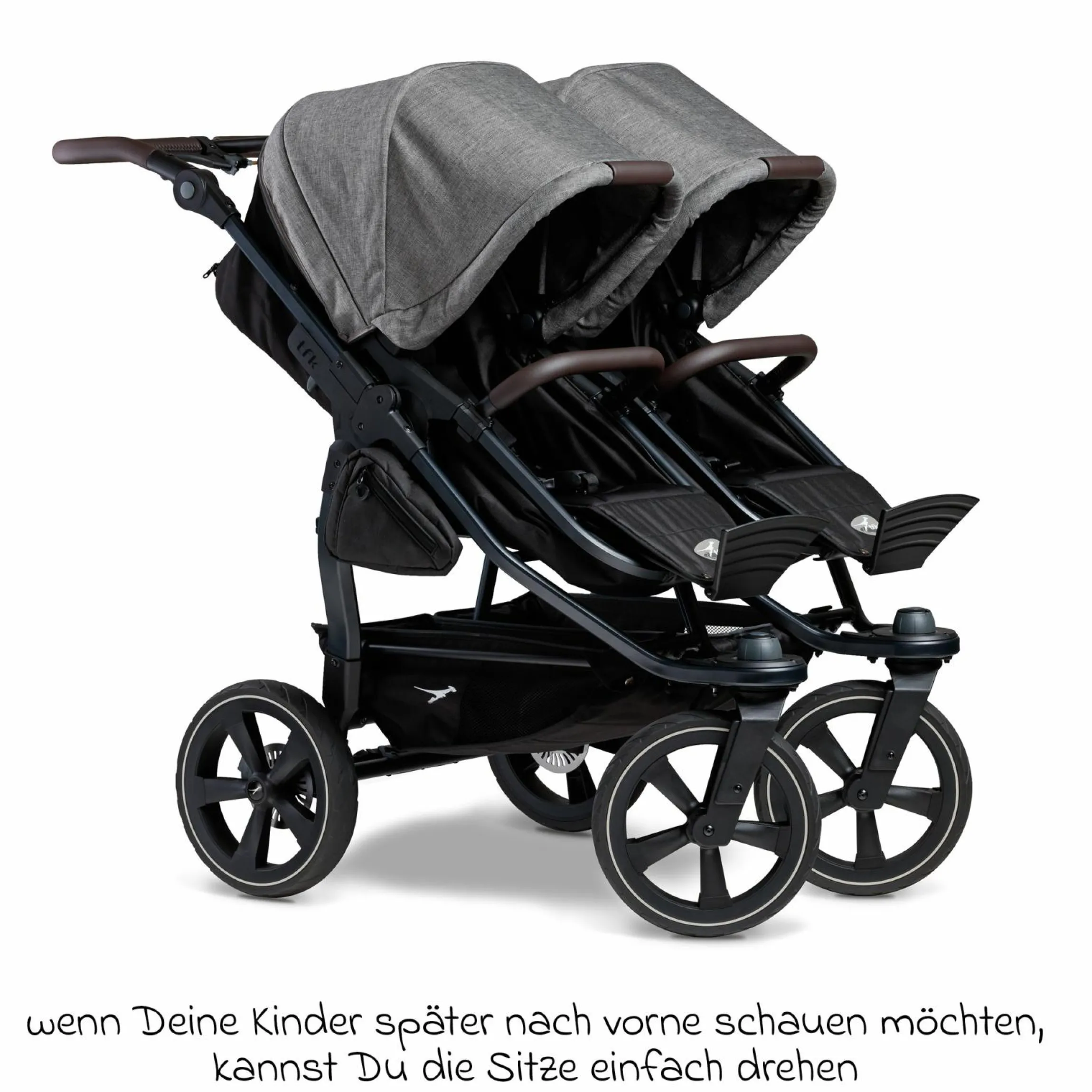 Geschwister- & Zwillingskinderwagen Duo 2 mit Luftkammerreifen - 2x Kombi-Einheit (Wanne+Sitz) mit Liegeposition & XXL Zamboo Zubehör - Premium Grau - Kollektion 2025
