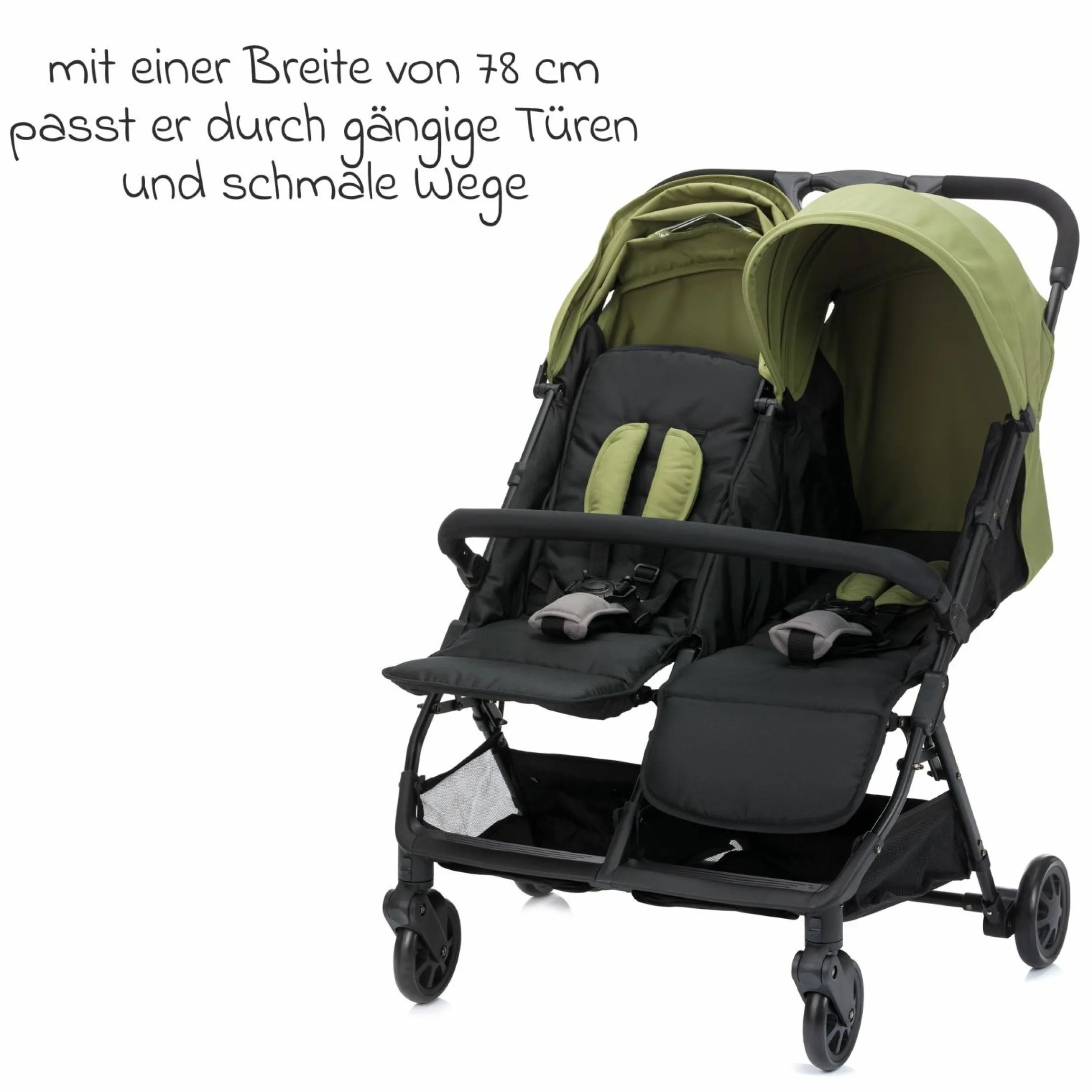 Geschwister- & Zwillingskinderwagen Twin mit Liegeposition nur 10,2 kg und 78 cm Breit - Schwarz Grün