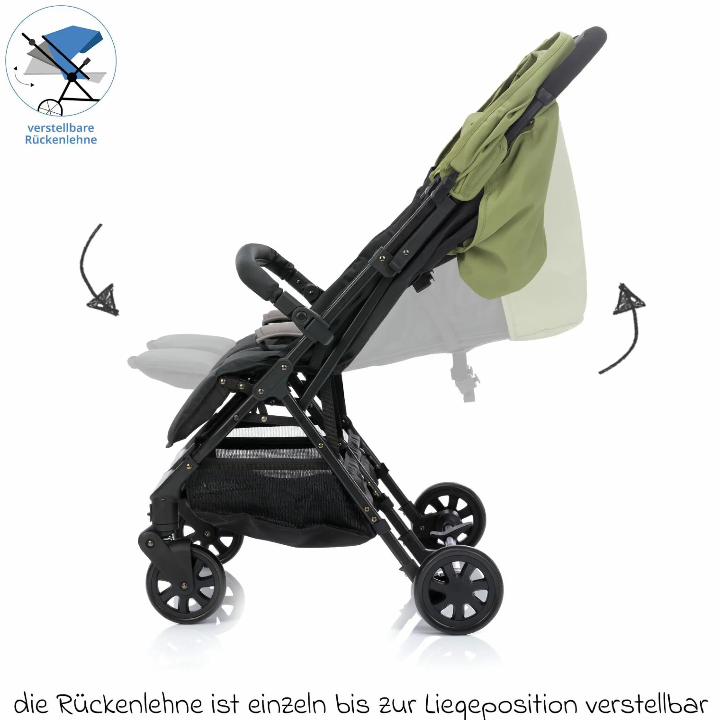 Geschwister- & Zwillingskinderwagen Twin mit Liegeposition nur 10,2 kg und 78 cm Breit - Schwarz Grün
