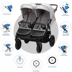 Geschwister- & Zwillingskinderwagen Duette bis 22 kg mit Liegeposition & Knickschieber - Grau
