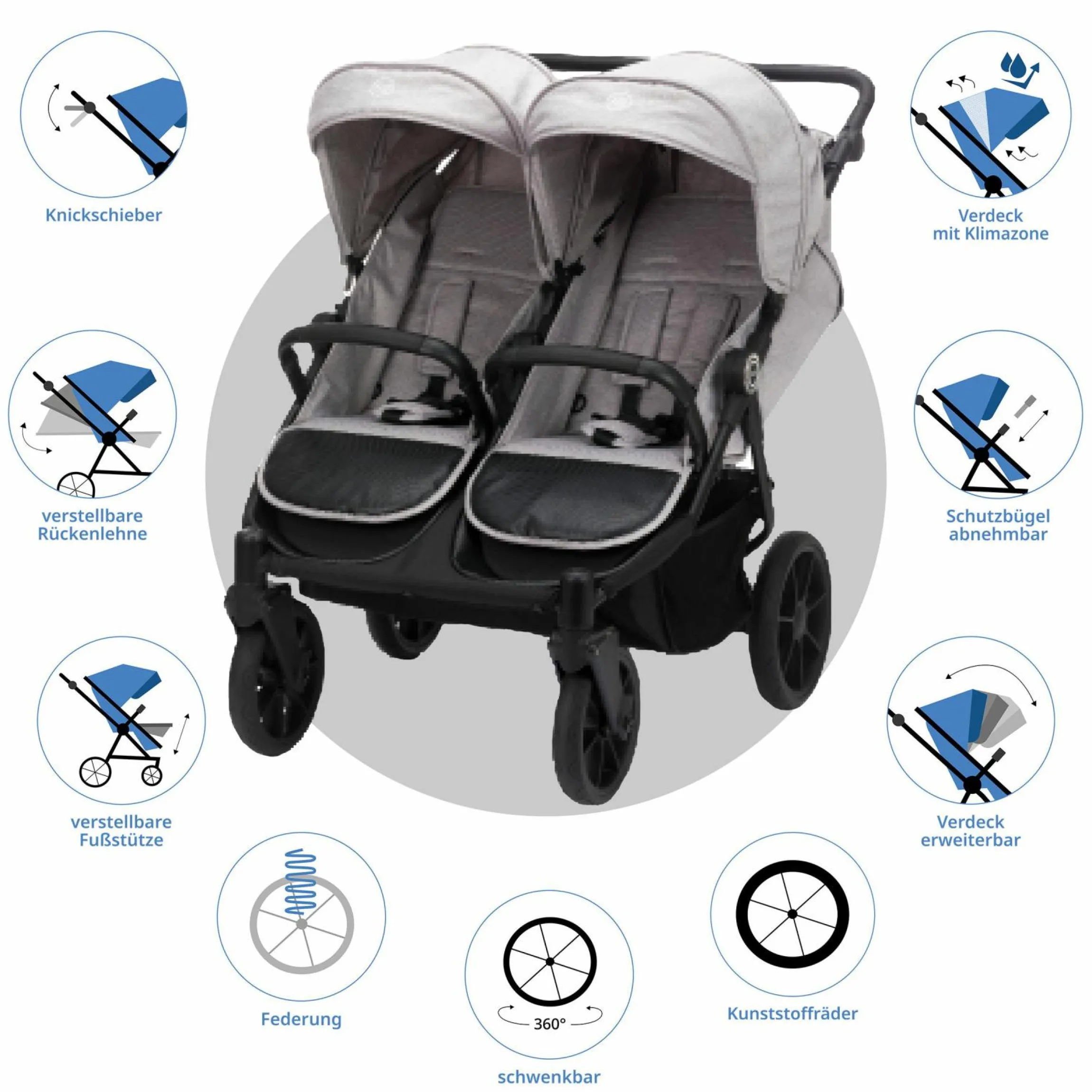 Geschwister- & Zwillingskinderwagen Duette bis 22 kg mit Liegeposition & Knickschieber - Grau
