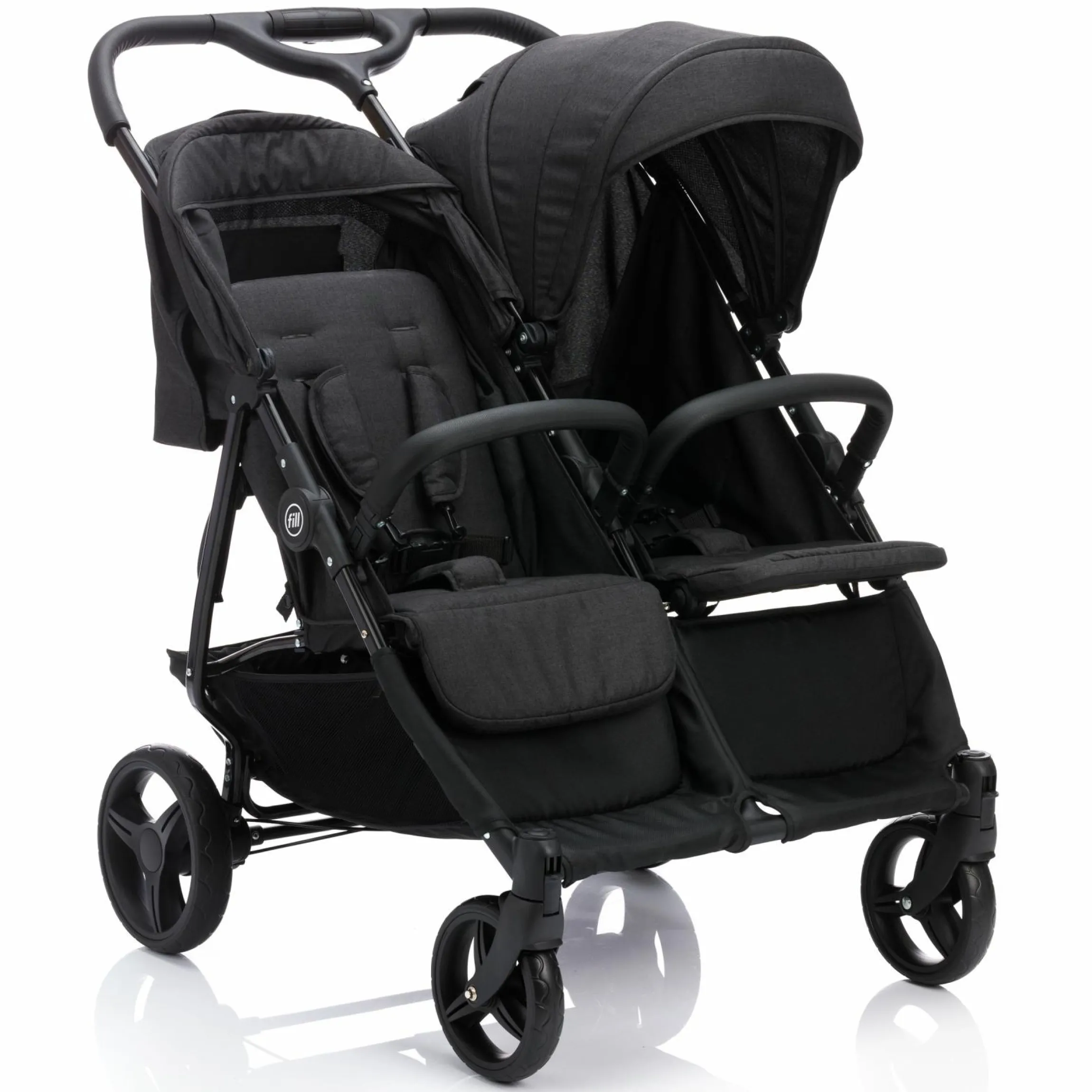 Geschwister- & Zwillingskinderwagen Duo mit Liegeposition, Schutzbügel pro Sitz nur 12,3 kg und 70 cm Breit - Schwarz Melange