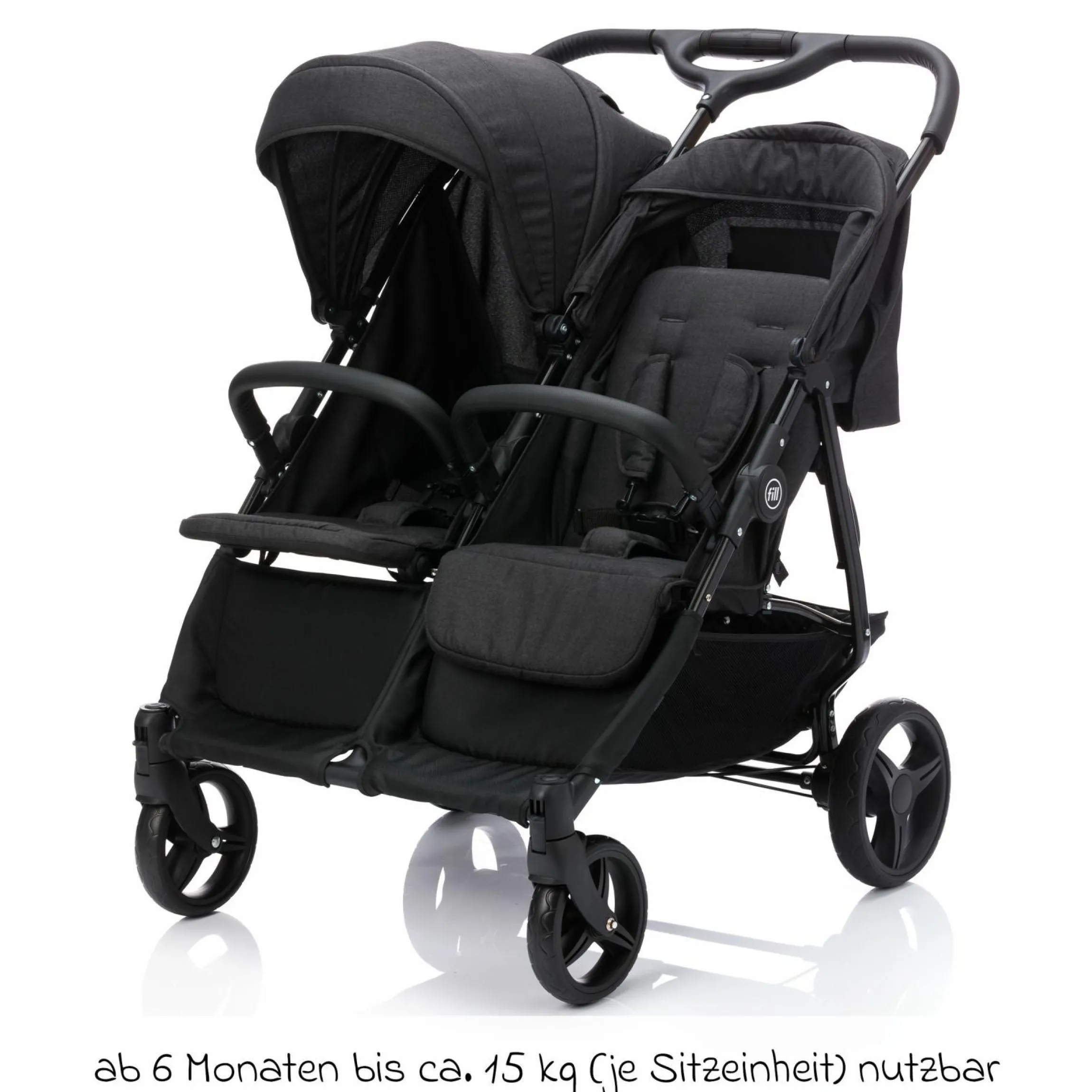 Geschwister- & Zwillingskinderwagen Duo mit Liegeposition, Schutzbügel pro Sitz nur 12,3 kg und 70 cm Breit - Schwarz Melange