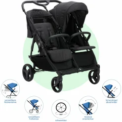 Geschwister- & Zwillingskinderwagen Duo mit Liegeposition, Schutzbügel pro Sitz nur 12,3 kg und 70 cm Breit - Schwarz Melange