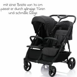 Geschwister- & Zwillingskinderwagen Duo mit Liegeposition, Schutzbügel pro Sitz nur 12,3 kg und 70 cm Breit - Schwarz Melange