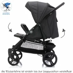Geschwister- & Zwillingskinderwagen Duo mit Liegeposition, Schutzbügel pro Sitz nur 12,3 kg und 70 cm Breit - Schwarz Melange