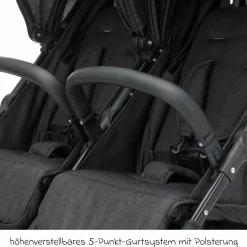 Geschwister- & Zwillingskinderwagen Duo mit Liegeposition, Schutzbügel pro Sitz nur 12,3 kg und 70 cm Breit - Schwarz Melange