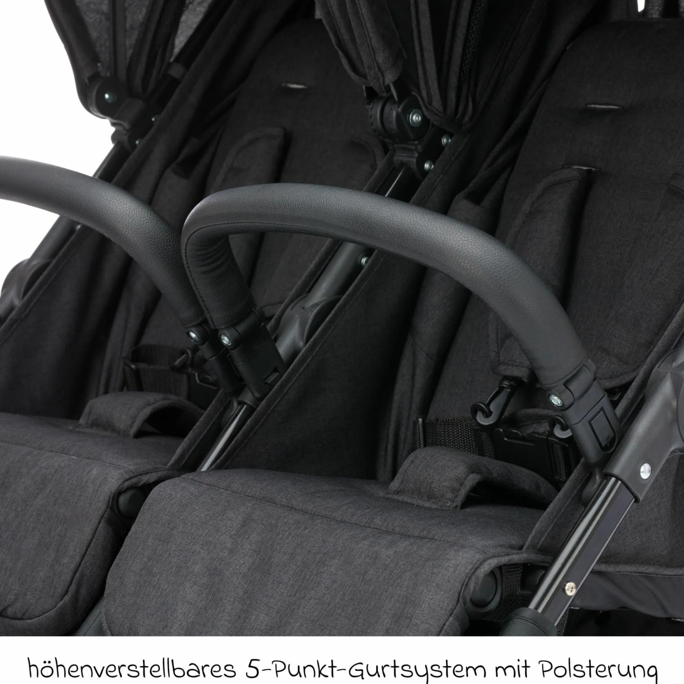 Geschwister- & Zwillingskinderwagen Duo mit Liegeposition, Schutzbügel pro Sitz nur 12,3 kg und 70 cm Breit - Schwarz Melange