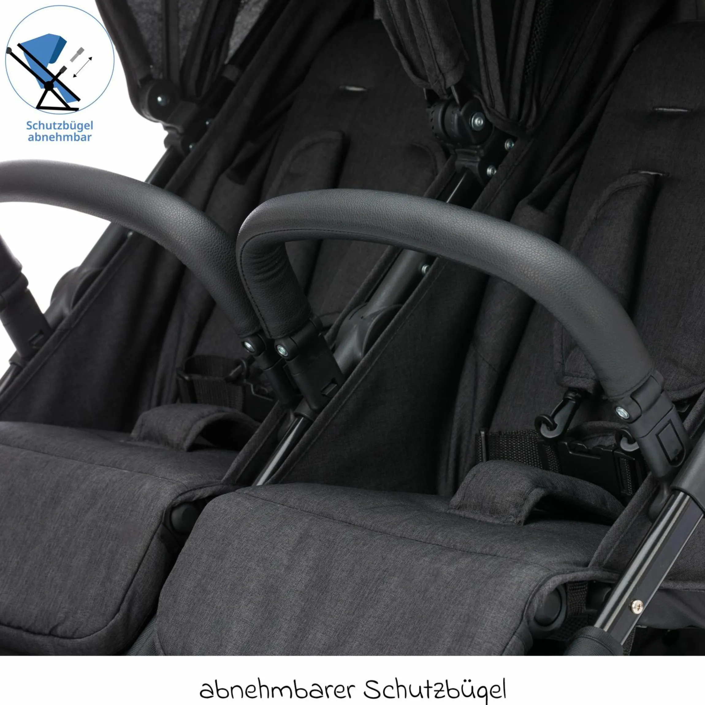 Geschwister- & Zwillingskinderwagen Duo mit Liegeposition, Schutzbügel pro Sitz nur 12,3 kg und 70 cm Breit - Schwarz Melange