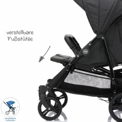 Geschwister- & Zwillingskinderwagen Duo mit Liegeposition, Schutzbügel pro Sitz nur 12,3 kg und 70 cm Breit - Schwarz Melange