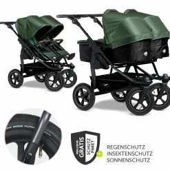 Geschwister- & Zwillingskinderwagen Duo 2 mit Luftreifen - 2x Kombi-Einheit (Wanne+Sitz) mit Liegeposition & XXL Zamboo Zubehör - Olive - Kollektion 2025