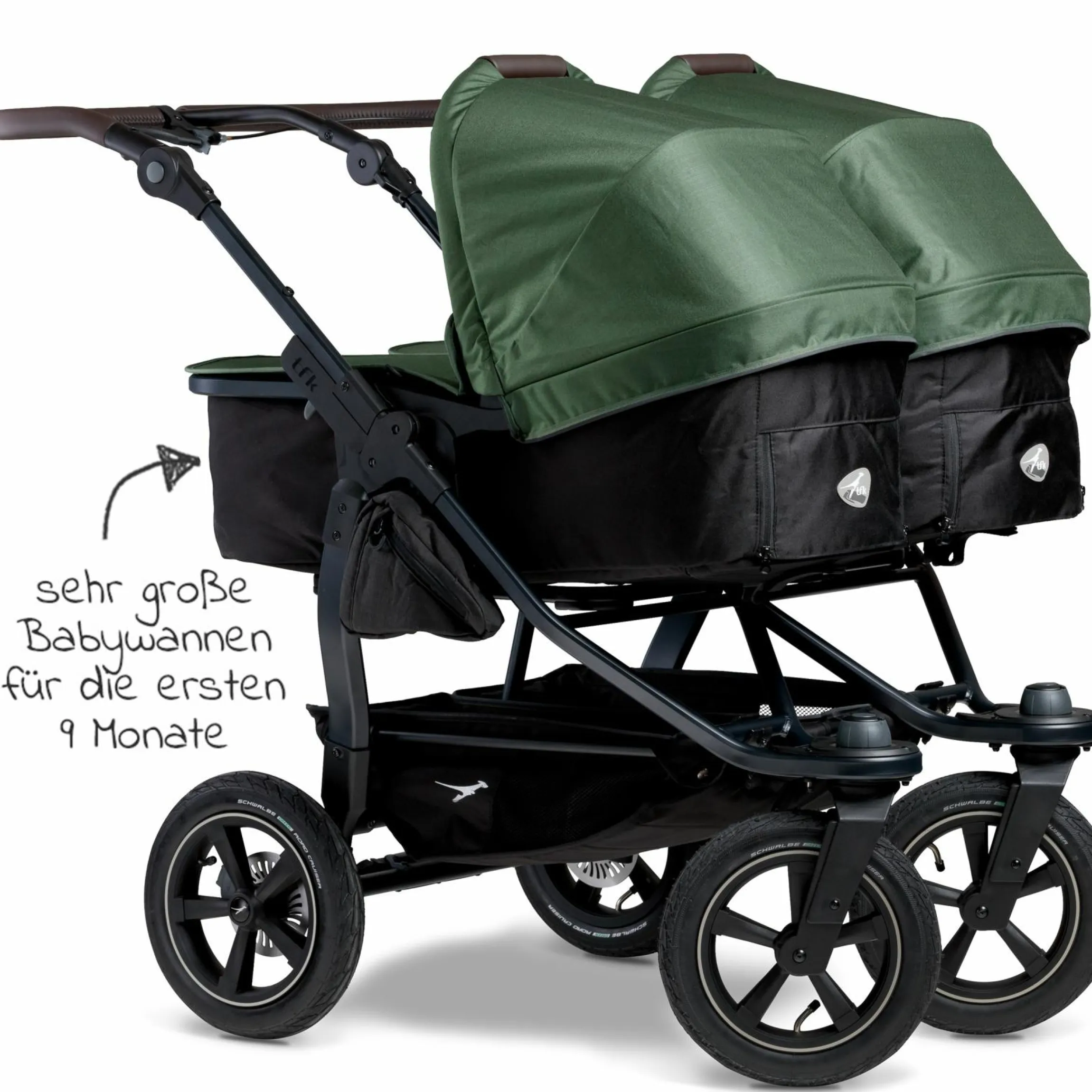 Geschwister- & Zwillingskinderwagen Duo 2 mit Luftreifen - 2x Kombi-Einheit (Wanne+Sitz) mit Liegeposition & XXL Zamboo Zubehör - Olive - Kollektion 2025