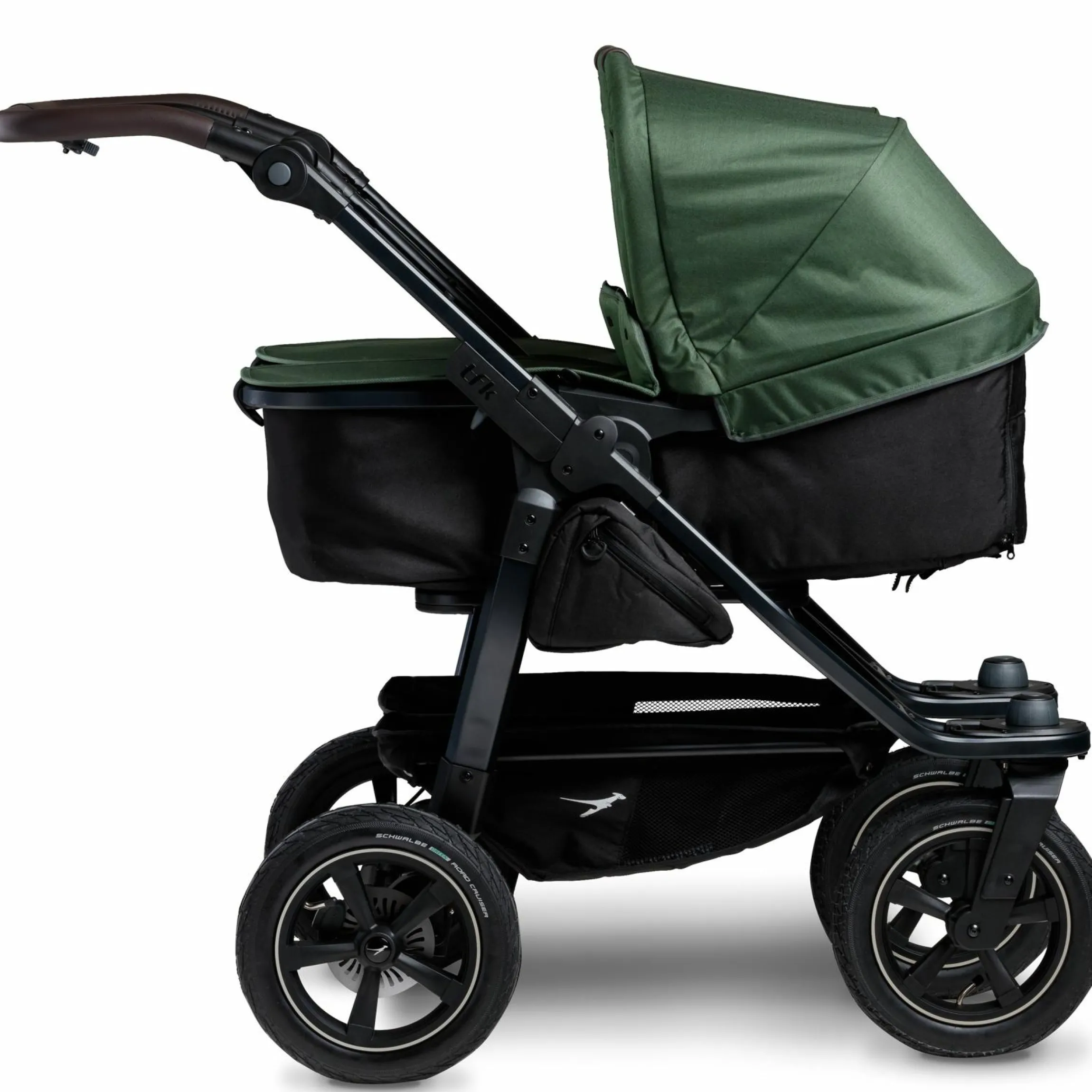 Geschwister- & Zwillingskinderwagen Duo 2 mit Luftreifen - 2x Kombi-Einheit (Wanne+Sitz) mit Liegeposition & XXL Zamboo Zubehör - Olive - Kollektion 2025