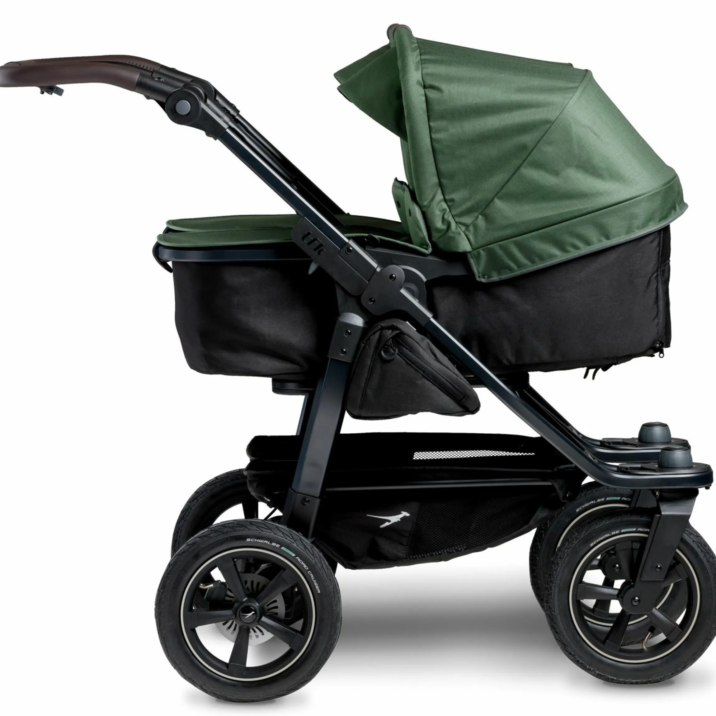 Geschwister- & Zwillingskinderwagen Duo 2 mit Luftreifen - 2x Kombi-Einheit (Wanne+Sitz) mit Liegeposition & XXL Zamboo Zubehör - Olive - Kollektion 2025